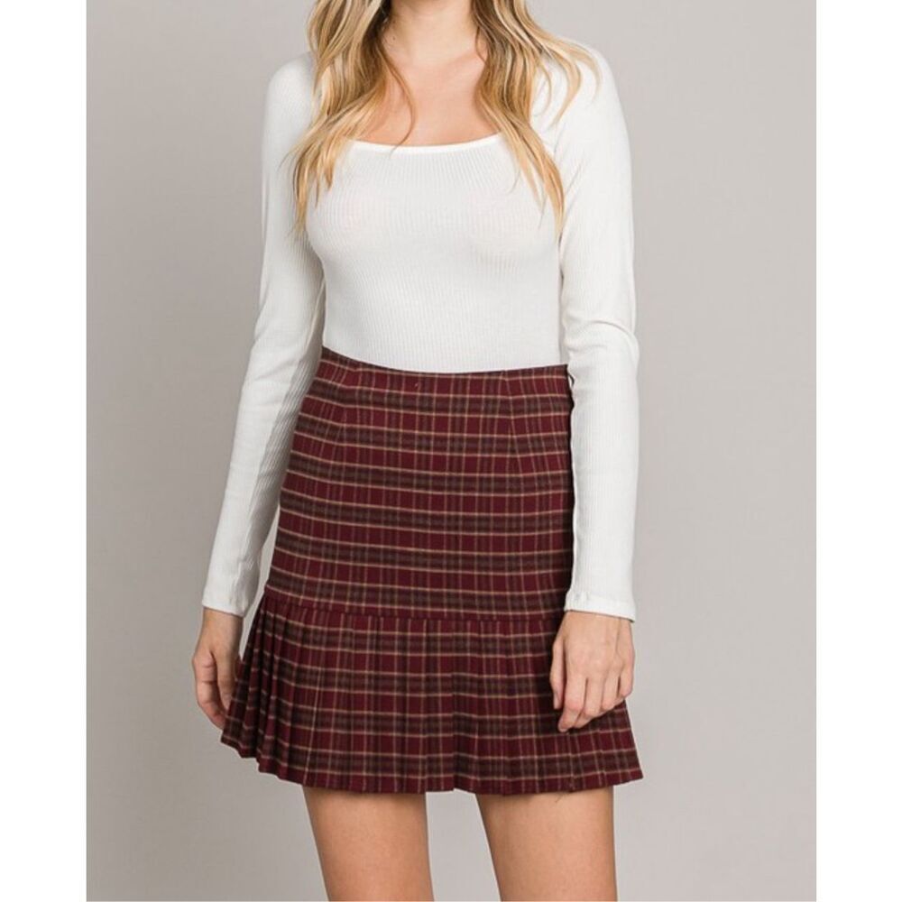 Burgundy Twill Check Tiered Pleated Skirt